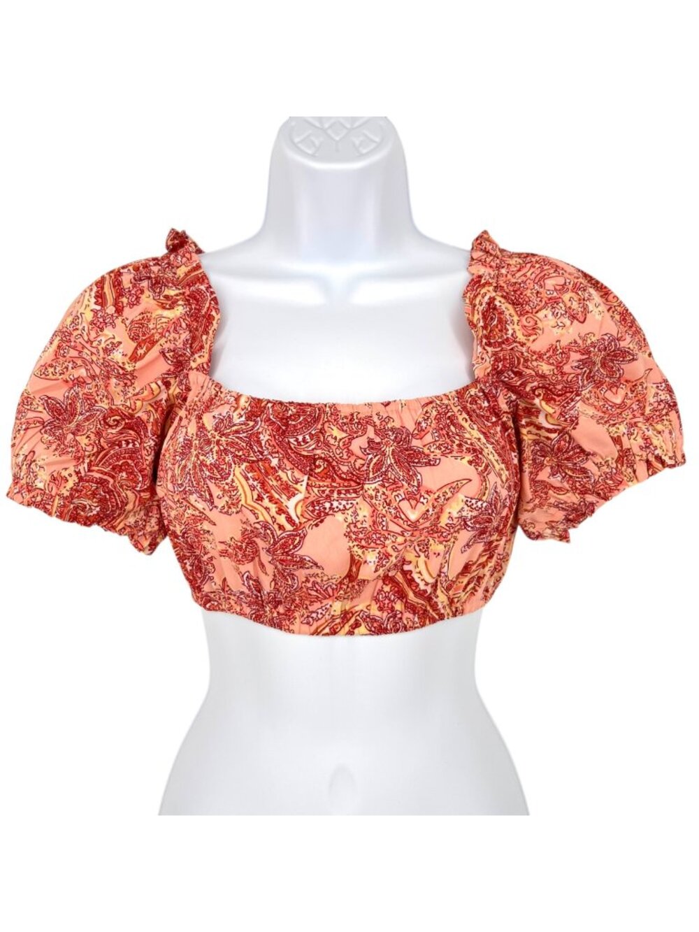 B.O.G Collective Boho Paisley Puff Sleeve Crop Top Pink Red Size XS Resortwear